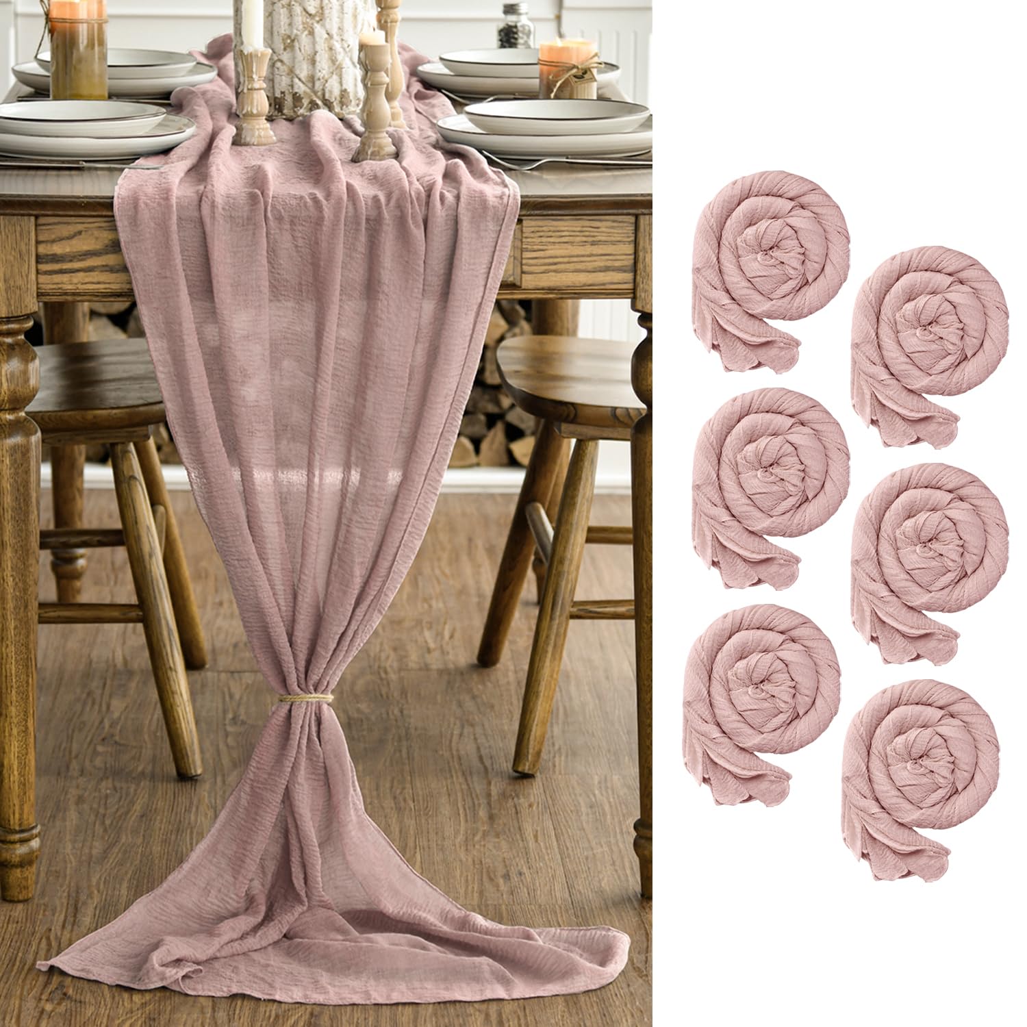 Artoid Mode Boho Dusty Pink Gauze Wedding 6 Packs Cheesecloth 300 cm Table Runner, Bridal Fabric Kitchen Dining Holiday Table Decor for Home Party