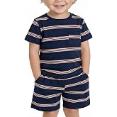 Xaatren Toddler Boy Summer Outfits | Cotton, Short Sleeve, Striped Pocket T-Shirt, Shorts Set, Baby Clothes, Summer, Play, Travel, Kids 18M-5T