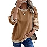 Dokotoo Women's Oversized 3/4 Sleeve Sweatshirt Floral Patch Crewneck Pullover Casual Tops