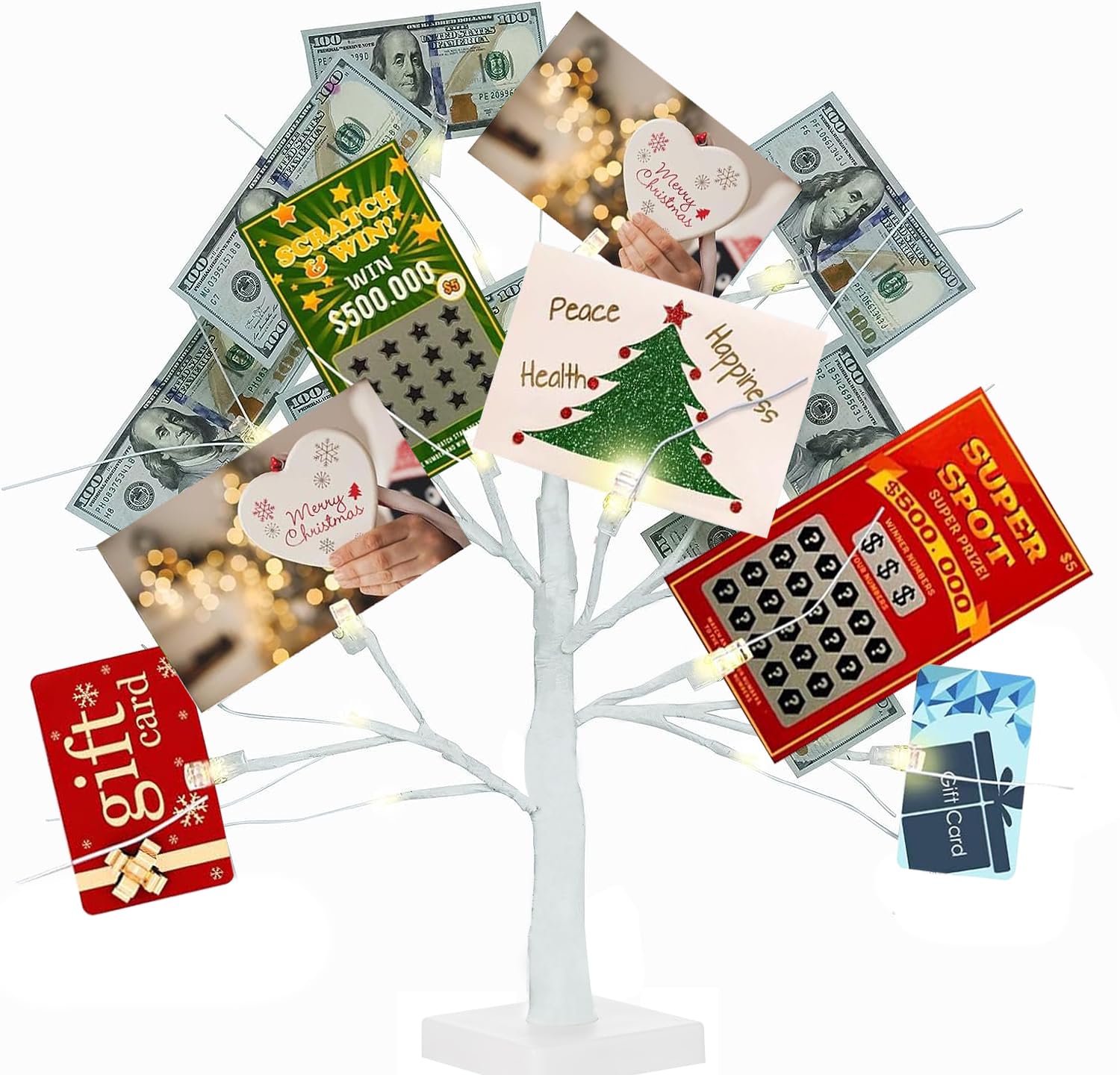 Photo 1 of Money Tree Gift Holder, 2FT 24 LED Birch Tree with 12 Clear Clips, Battery Powered Lighted Display Card Trees for Christmas,Wedding, Photo Memo, Birthday Graduation?White?