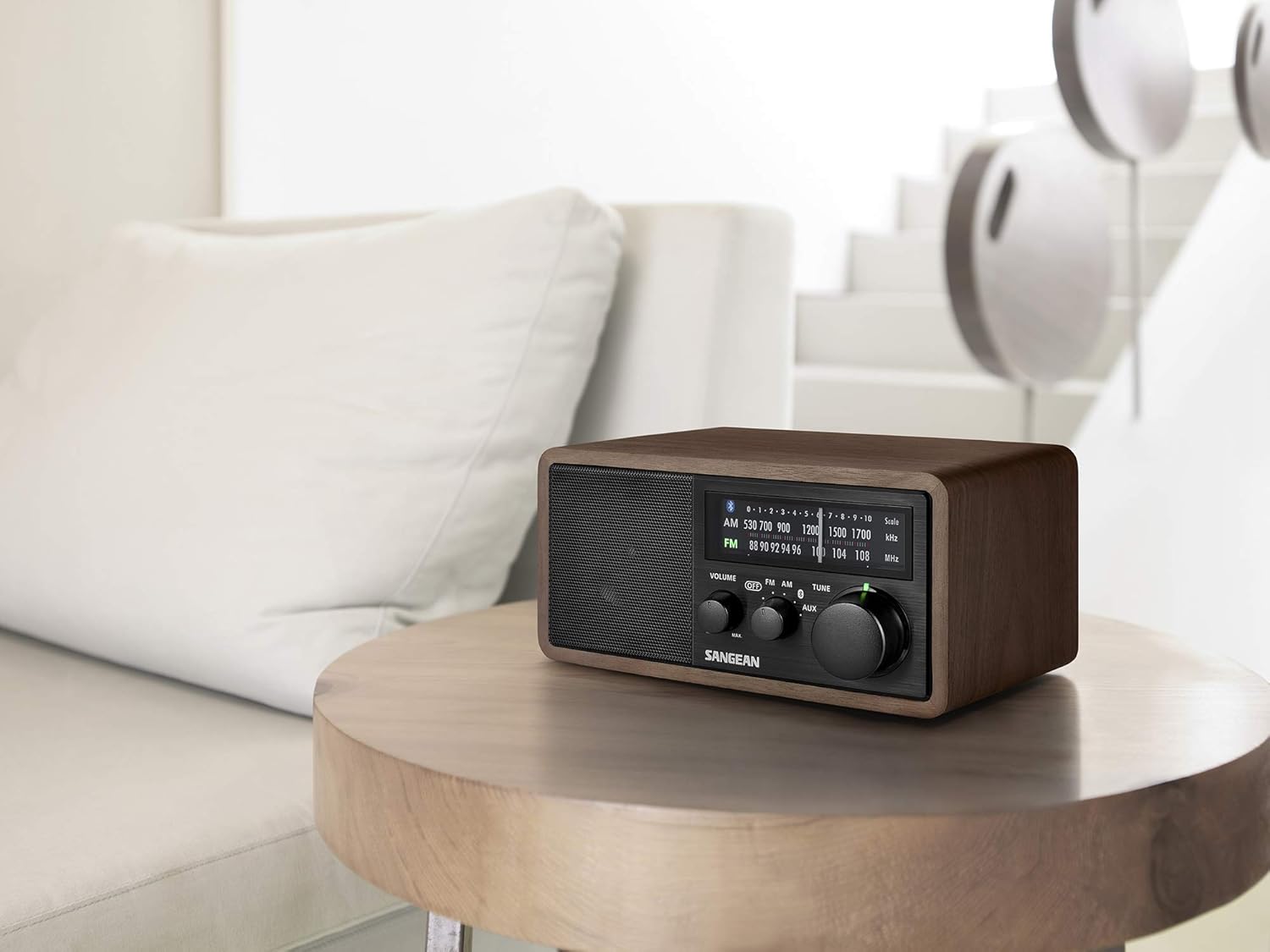 Sangean WR-16BK Professional Table Top Radio + AM/FM/NFC Bluetooth 4.1 Natural Walnut Wooden Cabinet with USB Charging for Smartphones (Black Series): Electronics