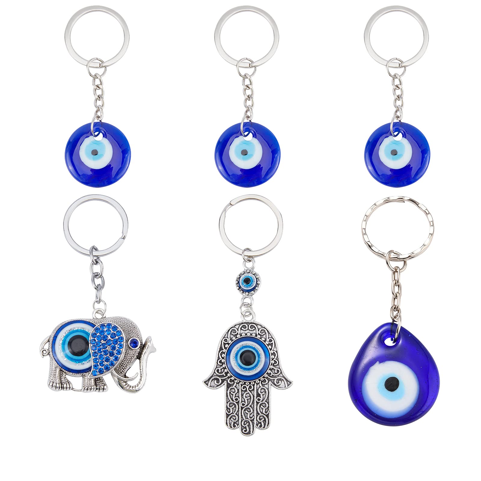 PH PandaHall 6pcs Keychain Charms Elephant Keyring Evil Eye Key Keyring Set Hamsa Hand Vintage Style Blue Keychain Charms Good Luck Charms for Keychain Jewellery Making DIY Crafts 3.3~4.5 Inch