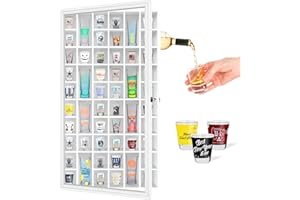 ILOT Shot Glass Display Cabinet Solid Wood - Large Display Case for Collectibles | Man Cave Accessories | UV Protection Acrylic Door | Wall Mounted Black Shadow Box | 52 Divided Slots | 32"x17"White