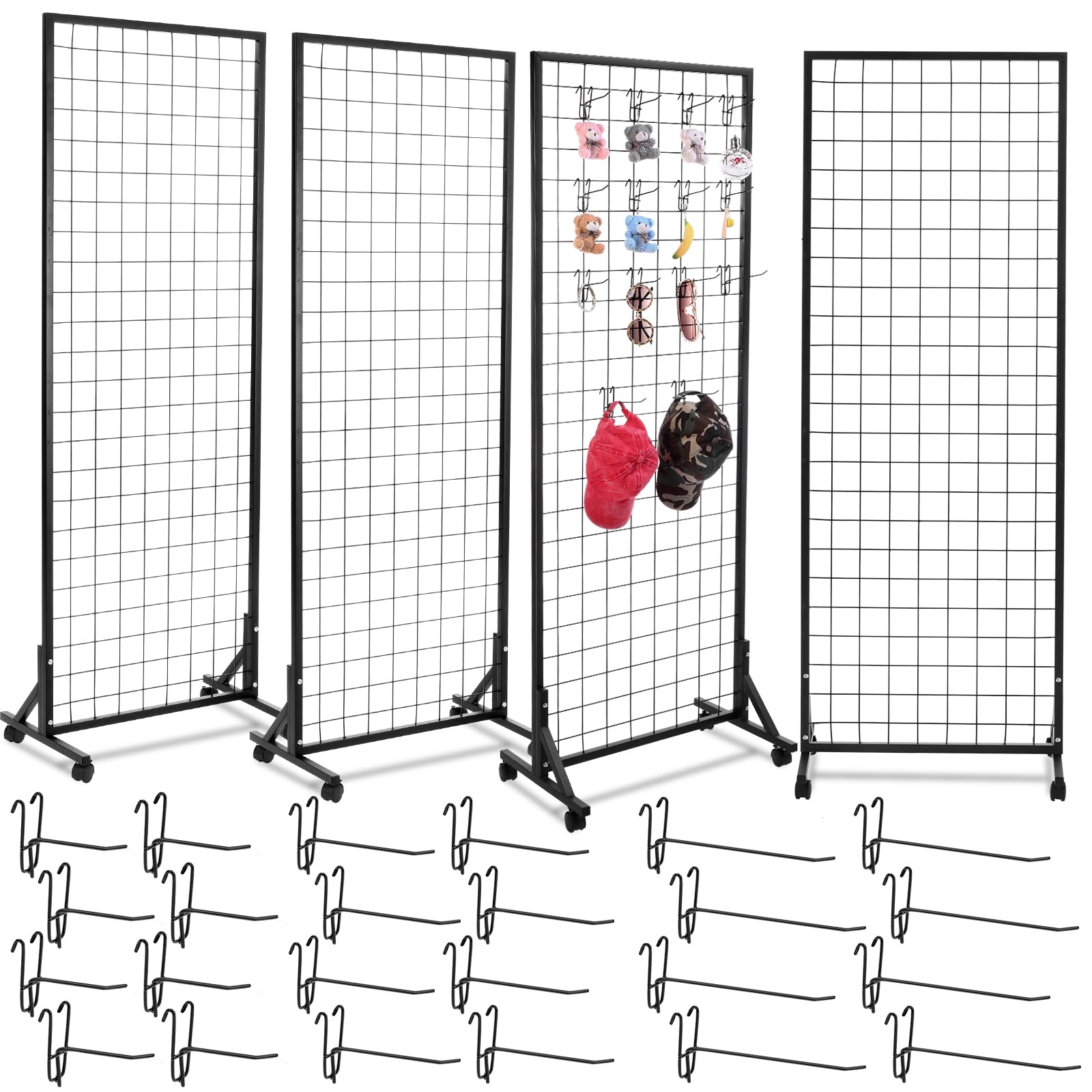 Photo 1 of Blulu 4 Pcs Grid Wall Display Panels 2x5.3ft Commercial Heavy Movable Floor Standing Grid Wall Panels with T Base Stand 30 Hooks Craft Show Grid Wall Retail Display for Retail Home Trade Shows Office