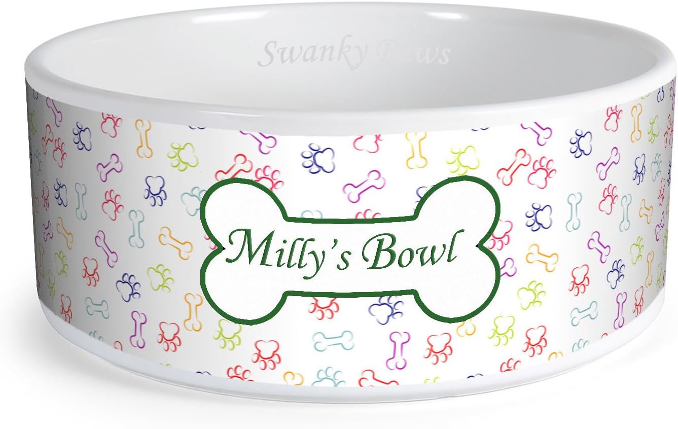 Swanky Paws Personalised Paw/Bone Pattern Custom Design Dog Bowl Cat Pet Food Dinner Dish (Large, Green)