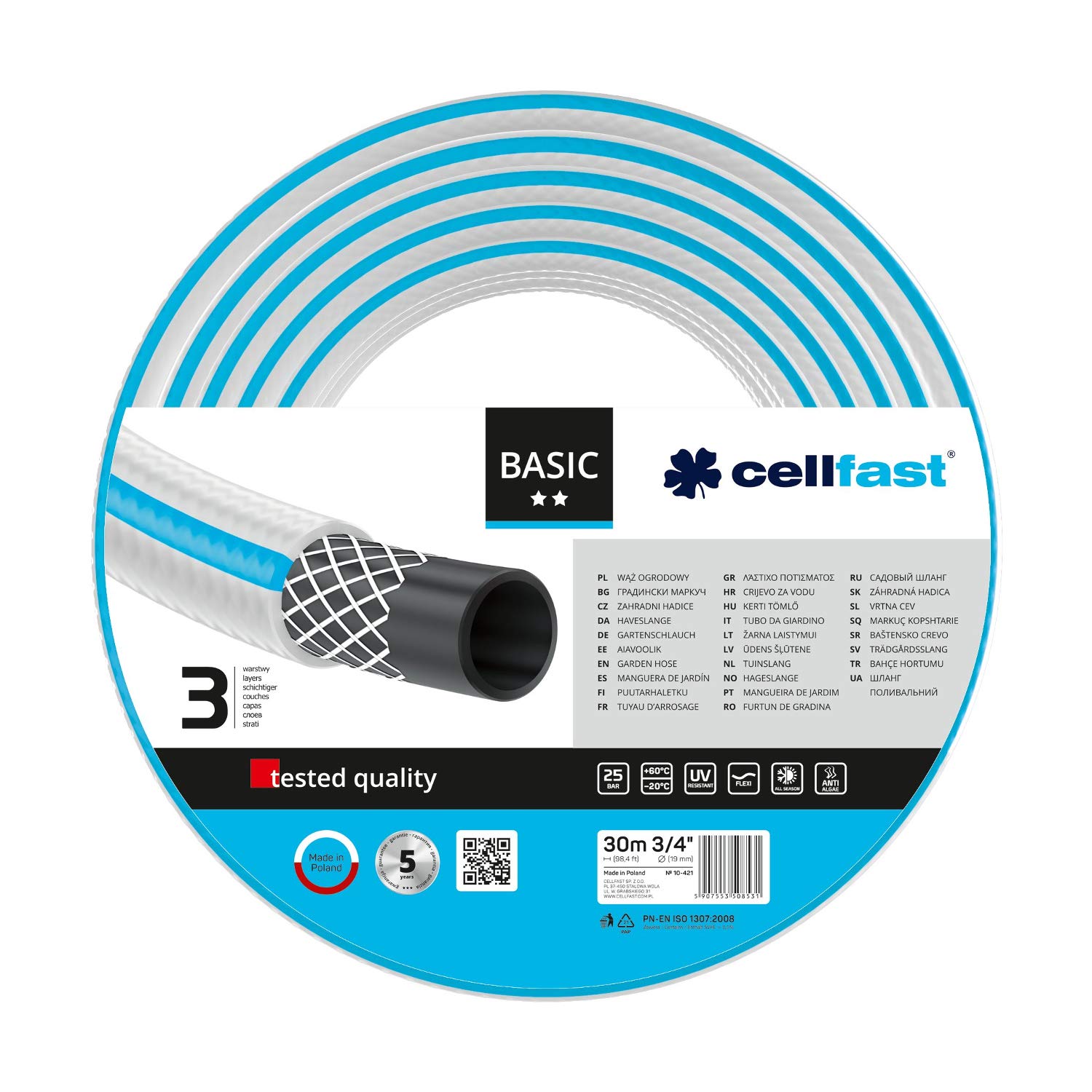 Cellfast Garden Hose BASIC 3/4” 30m, Flexible and Three-layer Hose, Resistance to UV, Internal Part Resistant to Algae, 10-421