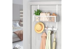 FOELLSTOE Over The Door Hooks Organizer, Over The Door Towel Rack Hanger with Mesh Basket, Over The Door Coat Rack Storage, Over Door Hanger Hooks for Hanging, Coats, Bathroom, Bedroom, Kitchen, Dormitory