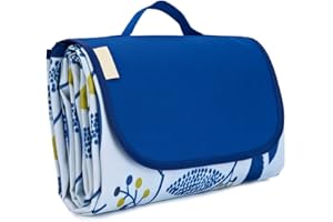 LeweLove Oversized 60"×80" Picnic Blankets Foldable Portable Handy Mat Tote Waterproof Sandproof Lightweight Picnic Beach Blanket Outdoor Picnic Mat Camping Hiking Travel Park Concert Blue Leaves