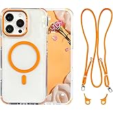 QATYYY Cases for iPhone 16 Pro with 62.99 inch Lanyard Strap, Compatible with MagSafe, Classic Clear&Orange Phone Cover Non-Yellowing, Hands-Free Phone Case Drop&Shockproof, Adjustable Phone Lanyard
