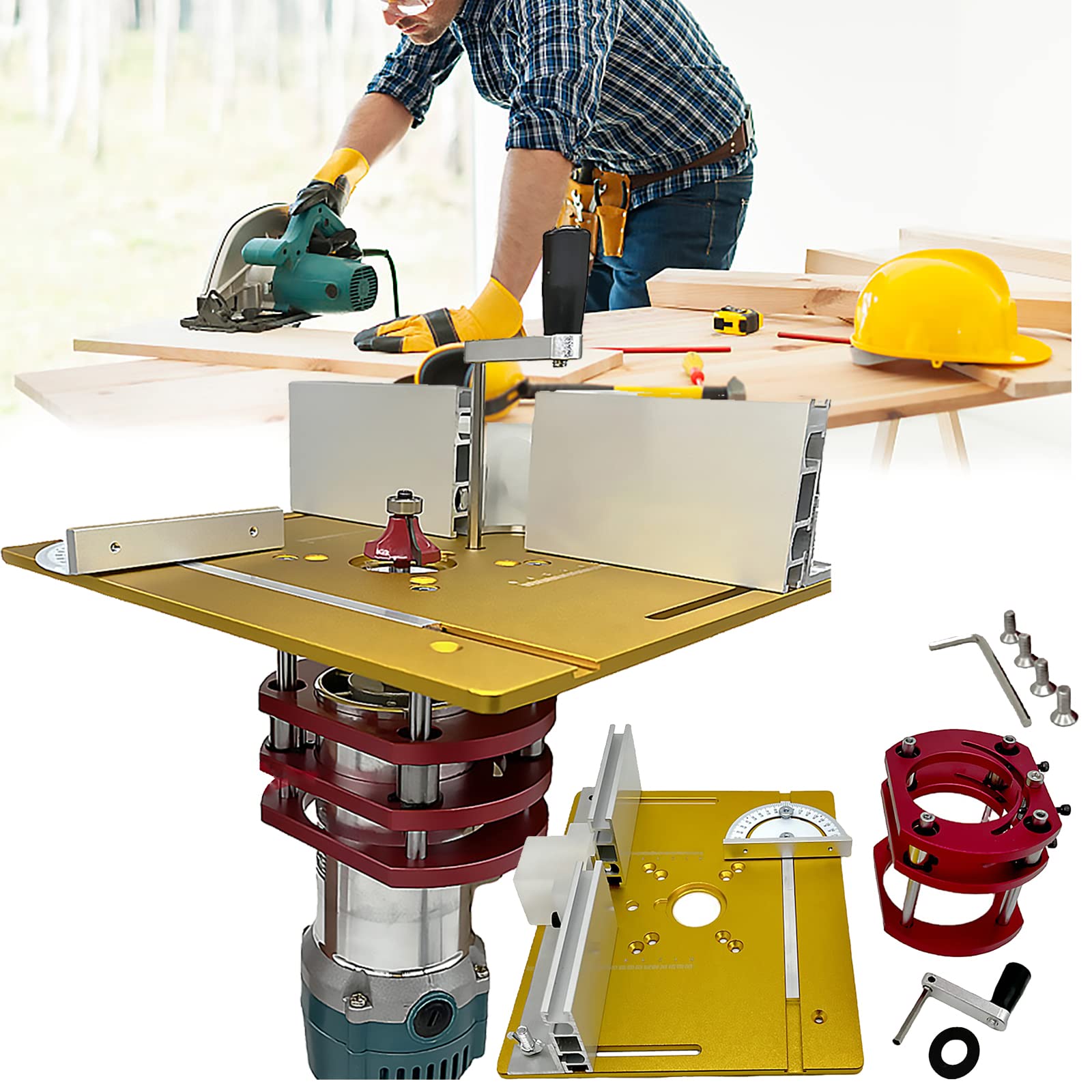 Yellow Router Lift Table - 3 Insert Plates, Maximum Lift 51mm