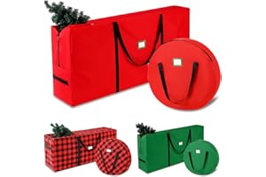 WRAKUS Christmas Tree Storage & Wreath Bag 9ft Artificial Holiday Disassembled Trees and 30in Garland Extra Large Decorations Containers Waterproof 600D Oxford Handles After Xmas 2 Pack Red Gift Man Women
