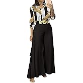 Ninimour Women’s 2 Piece Satin Outfit, Long Sleeve Top and Floral Print Wide Leg Pants Set, High Waist, Elastic Waist