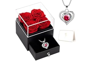 YEEBAY Preserved Flowers Gift for Mom from Son or Daughter, Incl 4 Rose and Heart Necklace, Ideal Gifts Birthday, Mother's Day, Valentine's Day, Christmas for Grandma for Her, Women, Wife