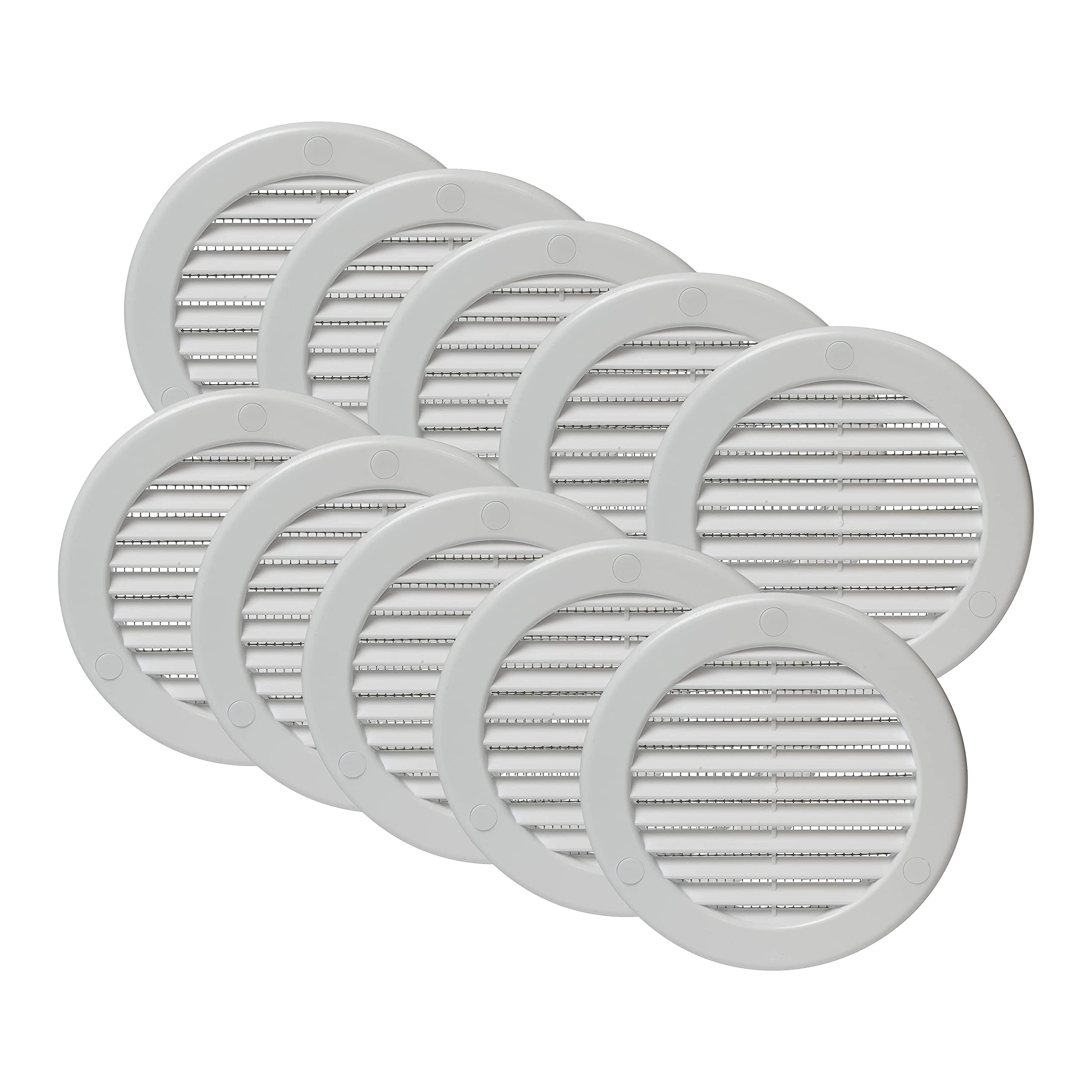 Photo 1 of Vent Systems 4" Inch (Opening Dimensions) White Soffit Vent Cover with Flange - Pack of 10 Plastic Round Air Vent Grille - Built-in Insect Screen HVAC for Bathroom, Home 5.2" Inch (Outer Dimensions)