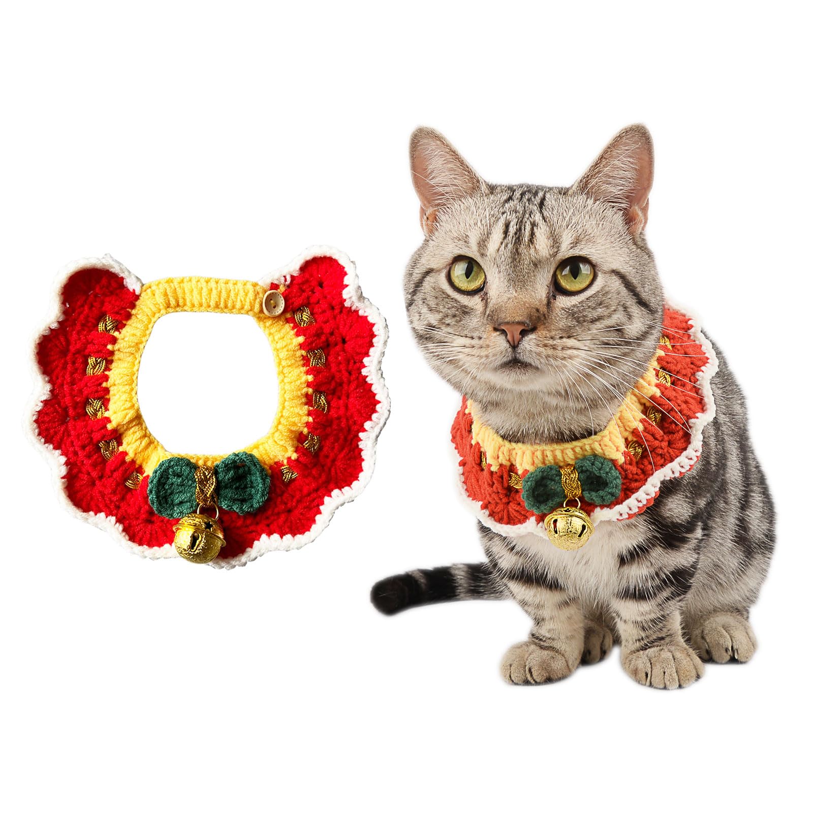 ONEWUS Handmade Knitted Cat Collar Crocheted Dog Collar Xmas Pet Costume Adjustable for Kitten Puppy Rabbit Reptile