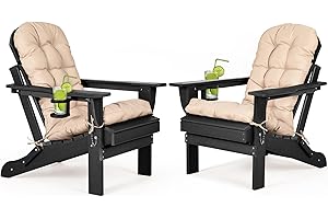 nalone Folding Adirondack Chairs Set of 2 with Cushions and Cup Holder, HDPE Plastic Oversized Patio Chair Weather Resistant, Used in Outdoor, Fire Pit, Deck, Garden, Campfire Chairs (Black)