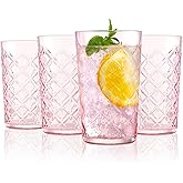 Drinking Highball Glasses Set of 4, Vintage Cross Hatch Glass Cups, 15.5oz Tall Drinking Water Glasses, Dishwasher Safe Pink Glass Tumbler Glassware for Water, Juice, Cocktail, Coffee, Whiskey