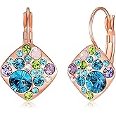 Multicolored Austrian Crystal Square Drop Leverback Earrings for Women 14K Gold Plated Huggie Earrings Hypoallergenic Jewelry