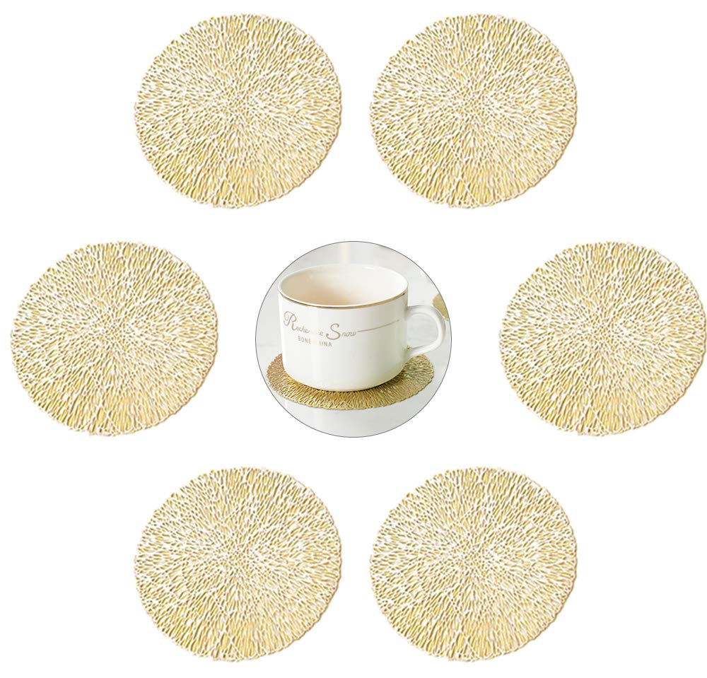 GLOBALDREAM Coasters, 6pcs Hollowed-Out Round Cup Coaster Metallic Round Coffee Coasters Table Decorative Non-Slip Drinks Coasters PVC Insulation Pads Mats(Gold, 10cm)