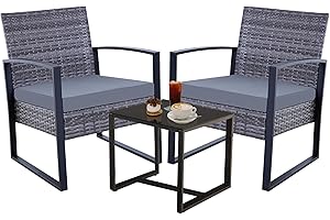 FHFO 3 Piece Outdoor Patio Set Wicker Bistro Set Balcony Furniture with Table for Porch Backyard Lawn,Grey