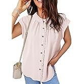 Dokotoo Womens Summer Tops Ruffle Crewneck Short Sleeve Button Down Shirts Boho Chiffon Blouses