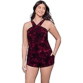 Aqua Green Womens Slimming High Neck Adjustable Swim Romper with Pockets