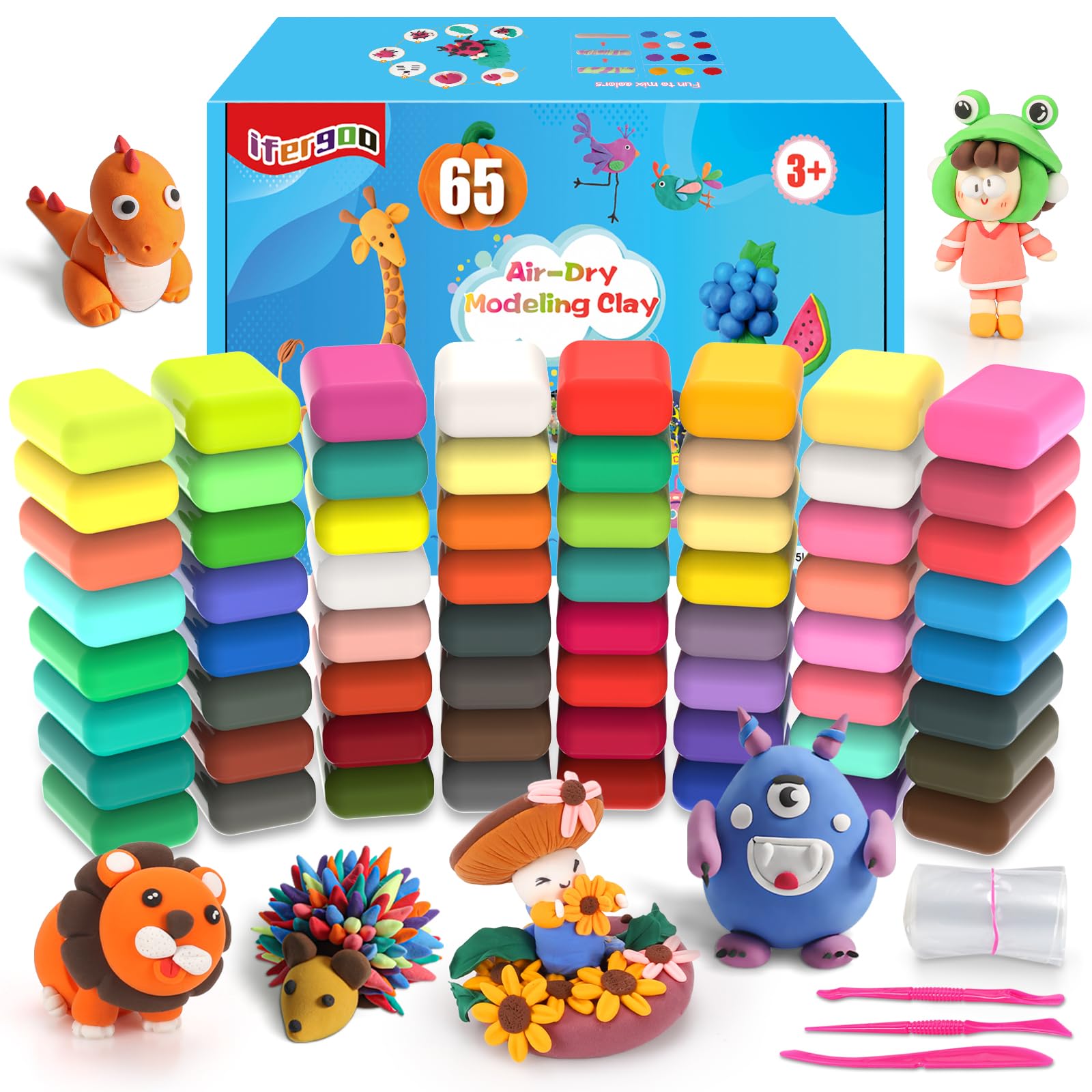 iFergoo Air Dry Clay, 65 Colours Modelling Clay for Kids, Safe and No-Toxic Modeling Clay & Dough, Soft & Stretchable DIY Magic Clay with Tools, Children Boys Girls Toys Gifts