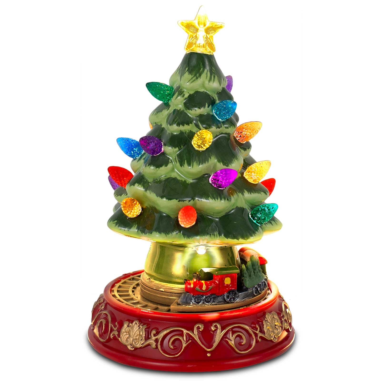 Photo 1 of innodept12 Lighted Christmas Tree with Rotating Train - Prelit Tabletop Ceramic Small Tree Decor Animated Christmas Train with Top Star & Bulbs for Best Xmas Decoration