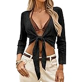 Yousify Women's Tie Front Shrug Bell Long Sleeve Bolero Lightweight V Neck Cardigan Sweater Cover Up