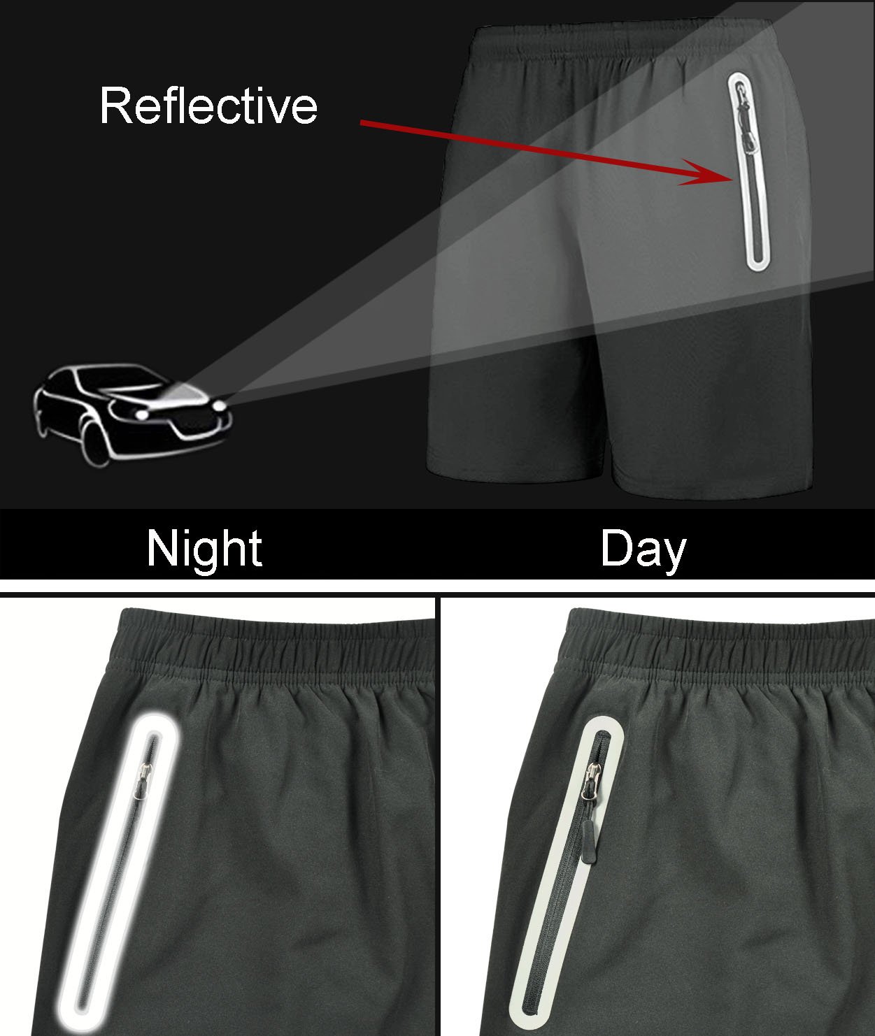 SuperArt Men\'s Gym Shorts Outdoor Sports Running Beach Shorts Lightweight Quick Dry Shorts Reflective with Zipper Pockets (Dark Grey, Medium)