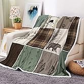 Torich Cabin Retro Rustic Lodge Flannel Throw Blankets, Bear Deer Country Hunting Wild Animal Cozy Warm Bed Couch Blanket, White Fleece Flannel Throws to Decorate The Room and Bedroom Camping Travel