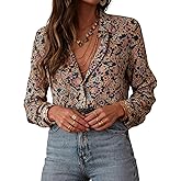 Verdusa Women's Boho Floral Button Up Blouse Long Sleeve Collared Shirts Fall Clothes
