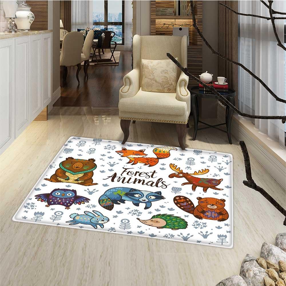 Cabin Decor Bath Mats for bathroom Set of Cute Woodland Animals Tribal Nature Elements Kids Room Nursery Wall Art Door Mats for inside Bathroom Mat Non Slip Backing 24"x48" Multicolor