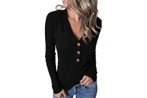 MEROKEETY Women's 2023 Long Sleeve V Neck Ribbed Button Knit Sweater Solid Color Tops