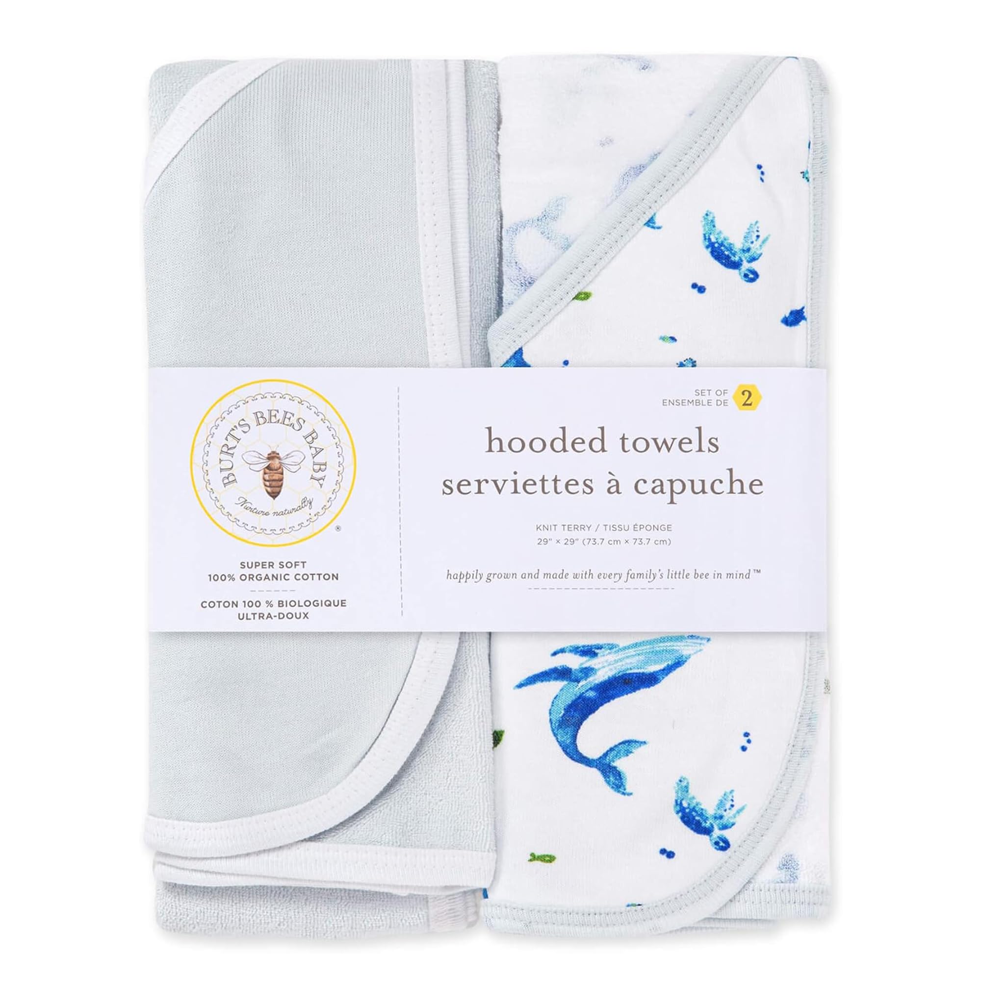 Burts Bees Baby Infant Hooded Towels Whale of a Tale Organic Cotton, Unisex Bath Essentials and Newborn Necessities, Soft Nursery Towel with Hood Set, 2-Pack Size 29 x 29 Inch