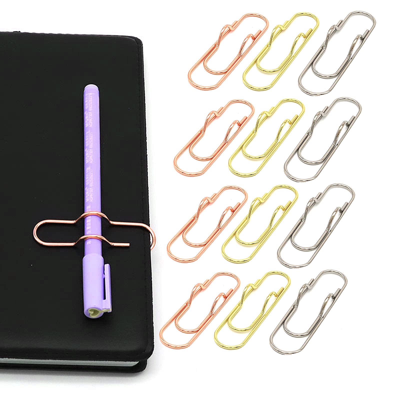 Photo 1 of NELJIBEHU Metal Pen Clips in Gold/Silver/Rose Gold - Pack of 12 Paperclip Pen Holders for Notebooks and Papers, Metal Pen Clip Holder and Pen Holder Clip Included