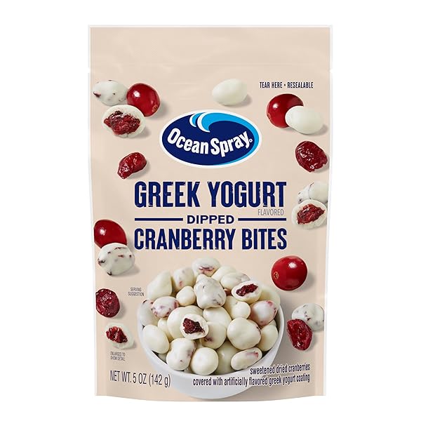 OCEAN SPRAY® GREEK YOGURT COVERED CRAISINS®, GREEK YOGURT FLAVORED, COVERED CRANBERRIES, DRIED FRUIT, 5 OZ POUCH