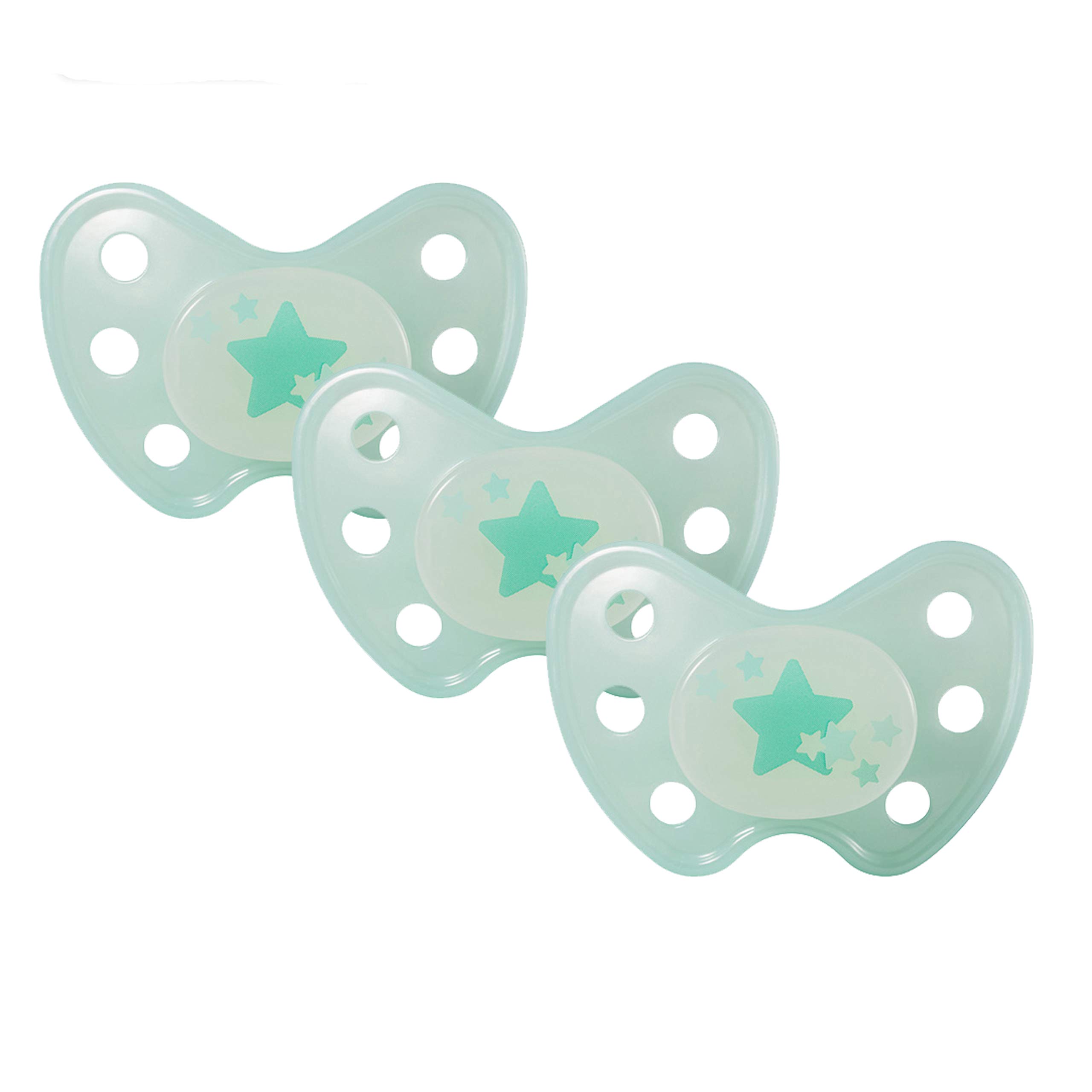 dentistar Night Silicone Soother Set of 3 - Size 3, from 14 Months - Silicone Soother with Dental Step - Glow in The Dark Baby Dummy - Made in Germany - Star, Turquoise