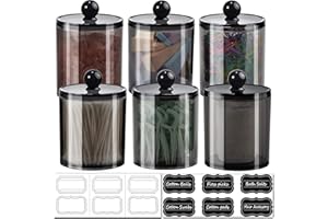 SheeChung 6 Pack Qtip Dispenser Apothecary Jars Bathroom with Labels - Qtip Holder Storage Canister Clear Plastic Acrylic Jar for Cotton Ball, Pads, Swab, Rounds,Floss Picks, Hair Clips (Black)