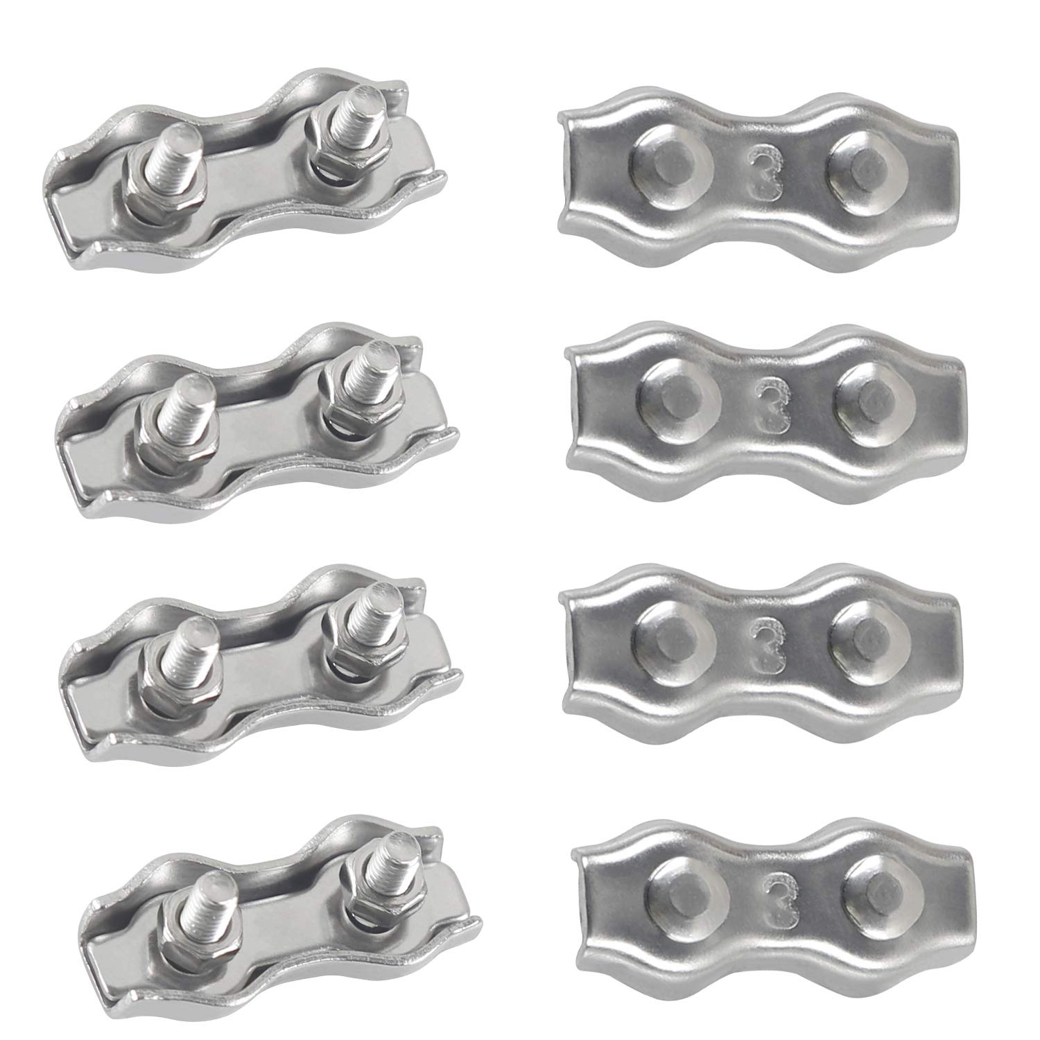 Rshuhx M3 Duplex Clamp 304 Stainless Steel Heavy Duty Wire Rope Clips Duplex Bolt Cable Clamp for Wire Rope Clotheslines Fixed Patio Hanging Sun Sails 8PCS