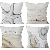 HIWX Boho Coastal Beach Pillow Covers 18x18 Set of 4, Ocean Beach Room Decor, Surf Room Decor, Oyster Boho Coastal Starfish Decorative Pillow Covers for Couch Bed Home Bedroom Decor