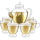 Teabloom Grand Bouquet Borosilicate Glass Tea Set for Six – Elegant 50oz Teapot with Microdot Infuser & Six 8oz Teacups – A Pure & Immersive Tea Experience – Tea Purist's Choice