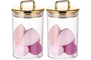 YUEJUM 2 Pack 24 oz Medium Acrylic Storage Apothecary Jar with Gold Airtight Lid | Bathroom Vanity Organizer Containers | Ideal Decorative Canisters for Shells, Bath Salt, Grains, Cotton Ball, Flossers