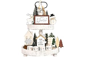 FINDRICH 14 Pcs Christmas Tiered Tray Decoration - Christmas Decorations Indoor Winter Table Centerpieces Tray Decor with Snow Blocks Snowflake, Snowman Wooden Signs for Home Shelf Decor