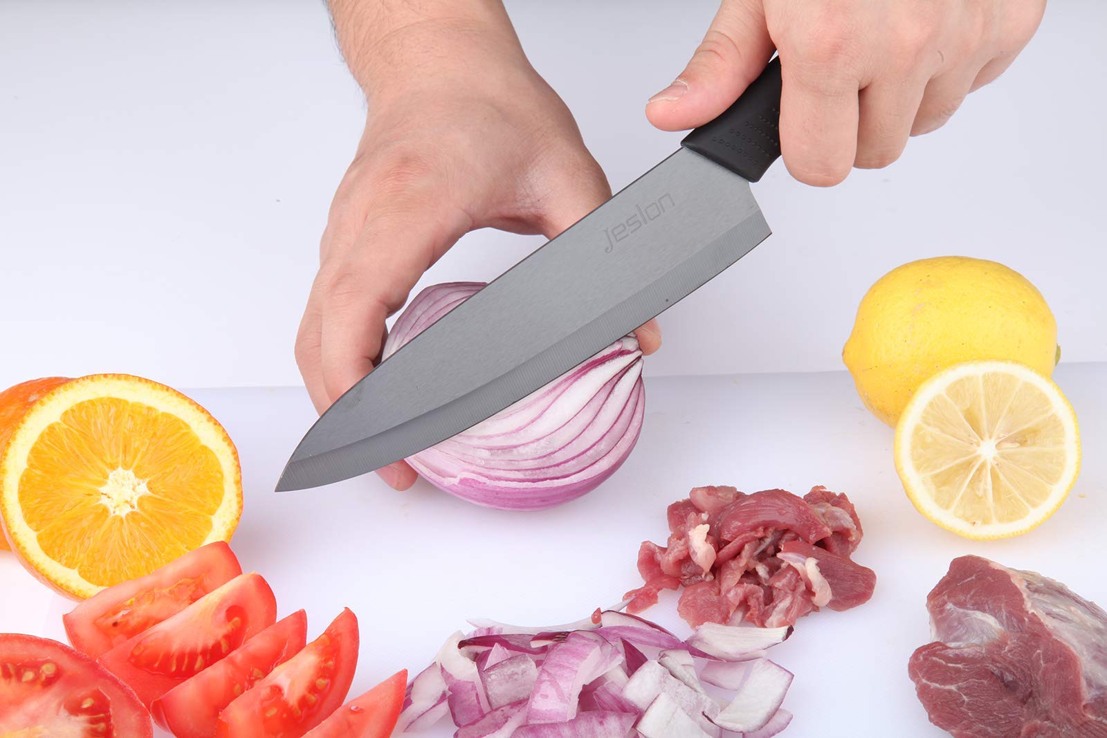 Jeslon Kitchen Knives Set, 5 Piece Ceramic Knives Black Blade 3inch Paring Knife, 4inch Fruit Knife, 5inch Utility Knife, 6inch Chef Knife and One Peeler