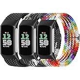 Braided Solo Loop Bands Compatible with Fitbit Charge 6/Charge 5, 3 Pack Adjustable Stretchy Wristbands Soft Woven Nylon Replacement for Fitbit Charge 5/Charge 6 Tracker Smart Watch for Women Men