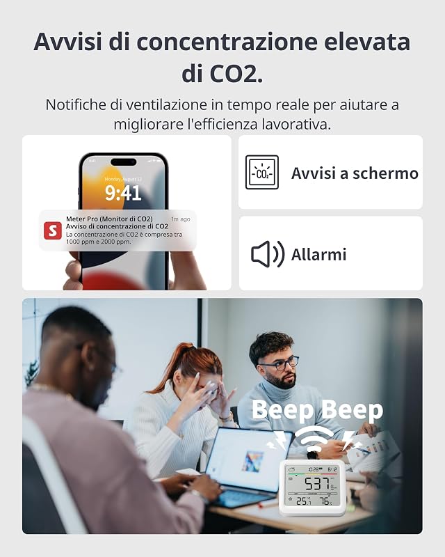 rilevatore di CO2, termometro ambiente interno con sensore CO2, ampio display, tester di qualità dell'aria Bluetooth, igrometro umidità casa