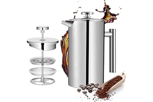 Mongdio French Press Coffee Maker, 34 Ounce (1 Litre) French Press Stainless Steel with 3 Filter, Double Wall Insulated, Easy to Clean, For Home Camping Travel Gifts