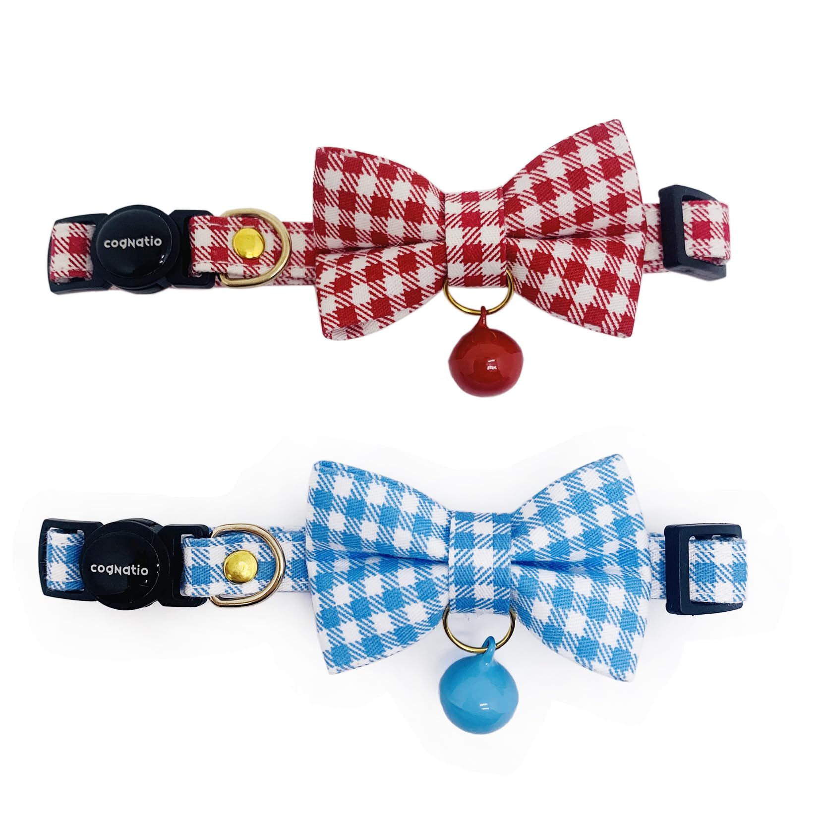 Cognatio 2 Pack Cat Collars with Removable Bow Tie and Bell, Safety Quick Release Kitten Collars, Adjustable 20-30 cm, Red + Vista Blue