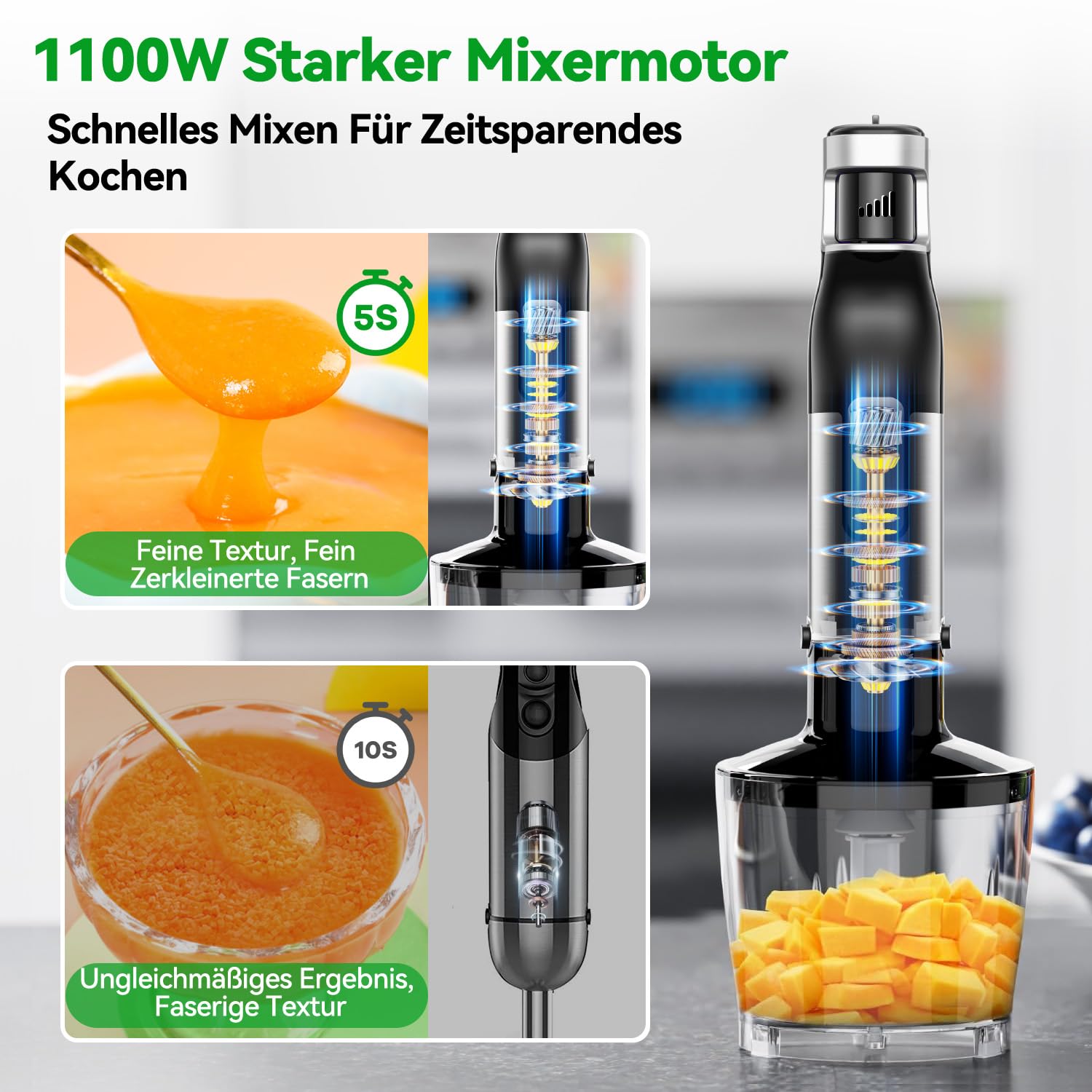 BESROY Stabmixer Set 5 in 1, 1100W Pürierstab Elektrisch, Stufenlose Geschwindigkeit, Edelstahl Hand Blender inkl. Zerkleinerer, Schneebesen, Milchaufschäumer & Messbecher, Ideal für Suppen, Smoothies 2
